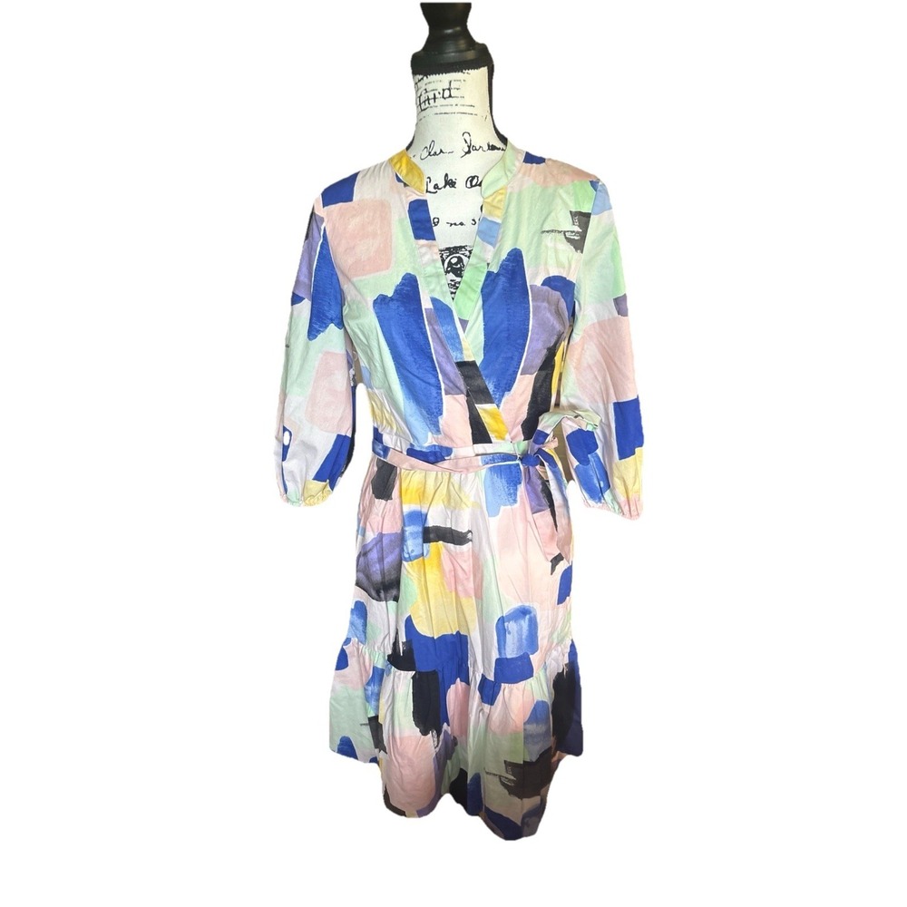 DKNY Women's‎ Water Color V-Neck Faux Wrap Shirt Dress 3/4 Puffy Sleeve Size 6
